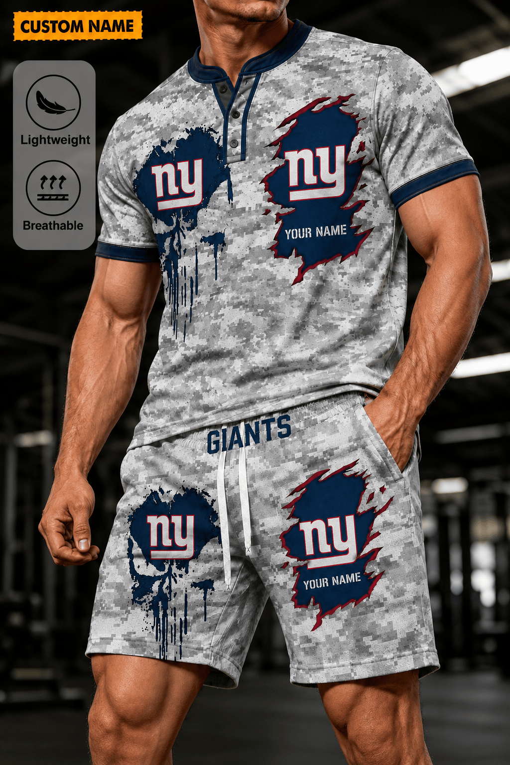 New York Giants Men’s Button Neck T-Shirt and Short Set New Design 2026 Shirt And Short BSP931