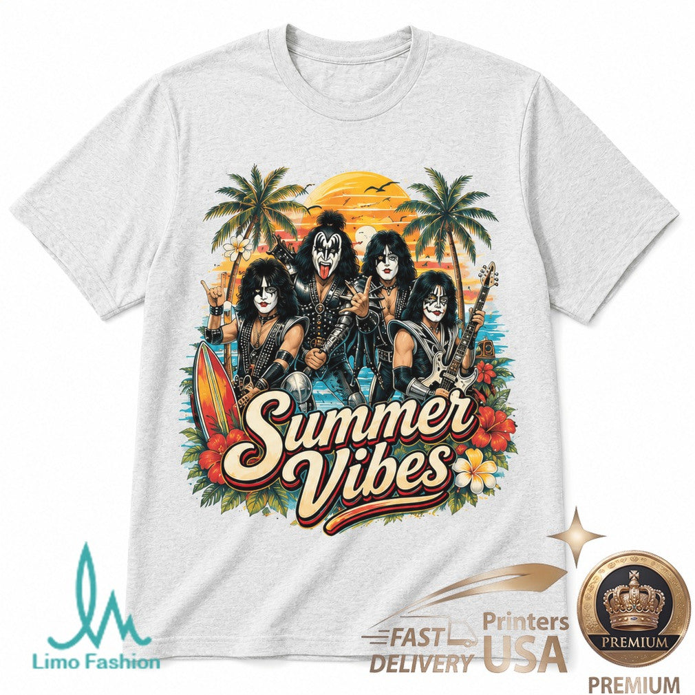 KISS Band Summer Vibes Palm Tree Beach Concert Graphic Shirt - Limotees LLC
