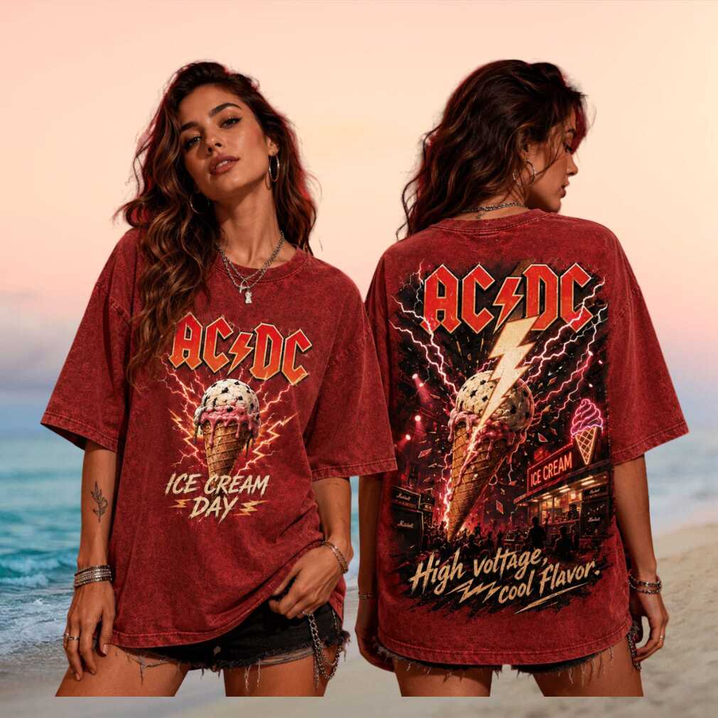 AC DC Ice Cream Day High Voltage Tour Vintage Retro Acid Wash Women Fans Red Shirt