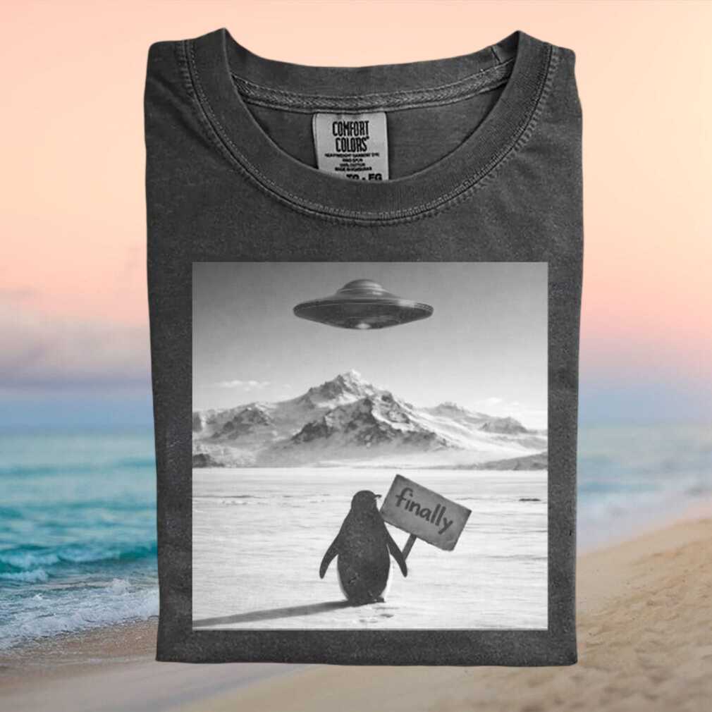 Alien UFO Penguin Finally Sign Minimalist B&W Graphic T Shirt - Limotees LLC