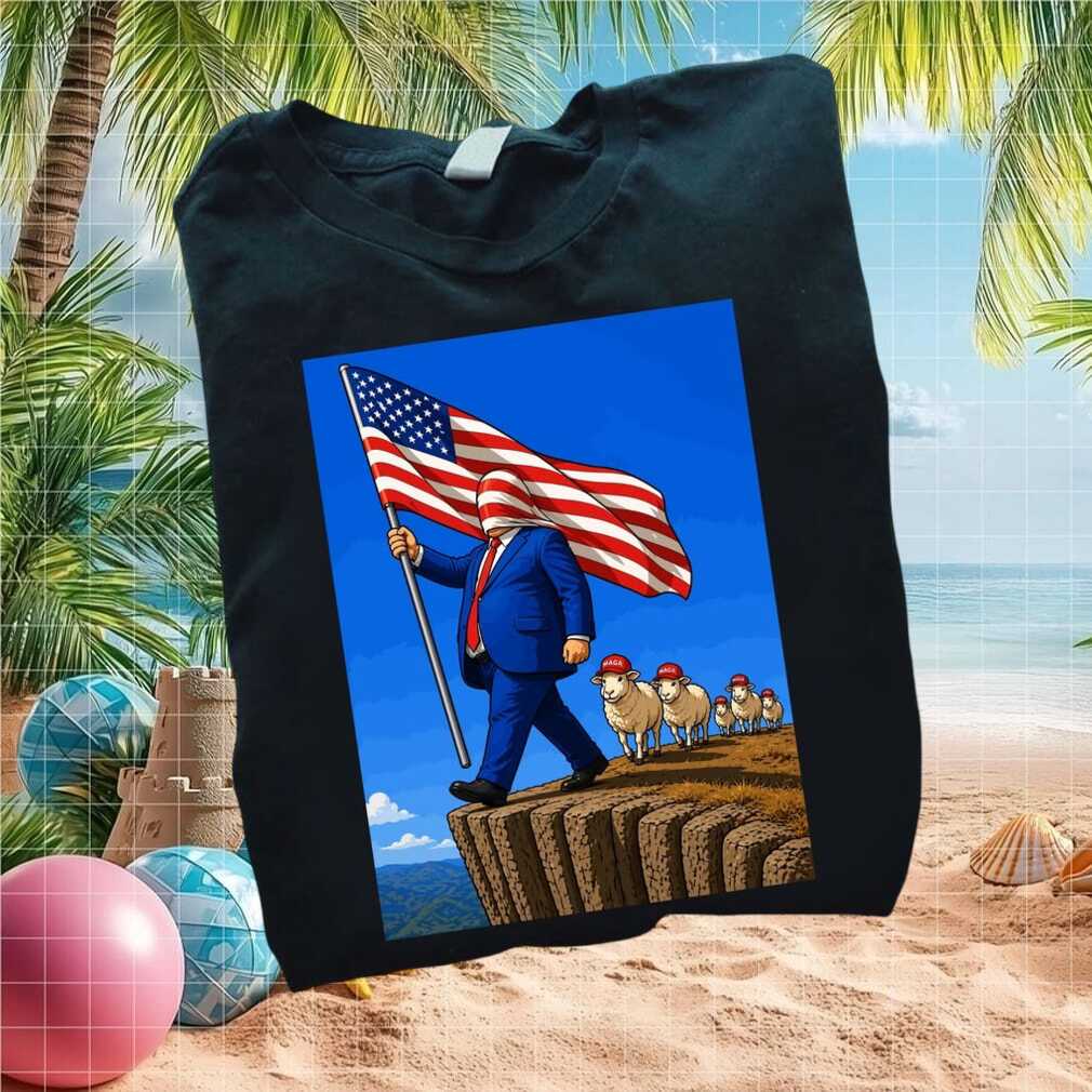 Anti Trump MAGA Sheep Cliff Flag Blindfold Satire T Shirt - Limotees LLC