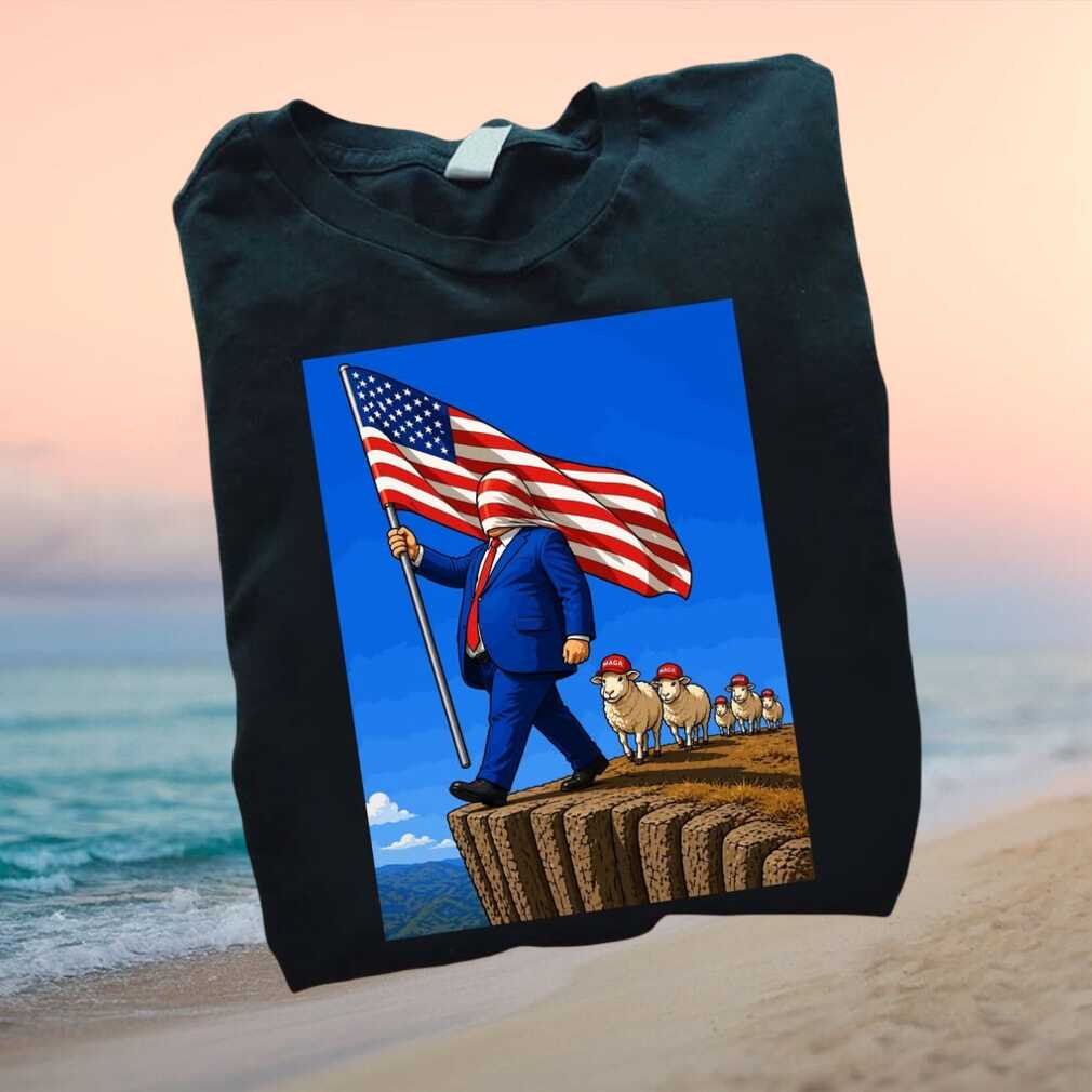 Anti Trump MAGA Sheep Cliff Flag Blindfold Satire T Shirt - Limotees LLC