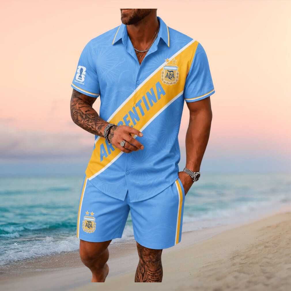 Argentina Soccer Team Sun Emblem Light Blue Men Button Shirt - Limotees LLC