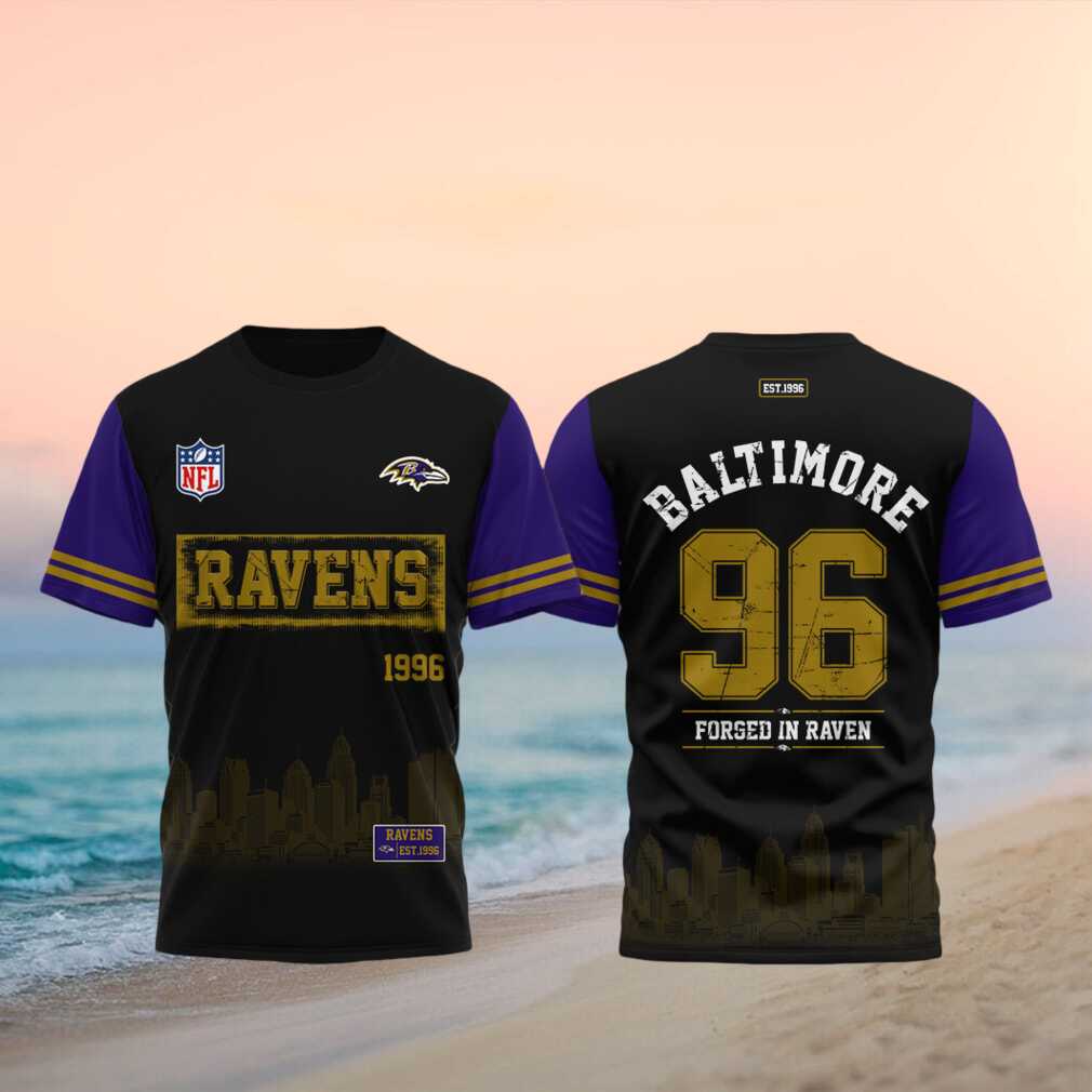 Baltimore Ravens Football Established 1996 Forged In Raven Retro Skyline Fans Gift Shirt - Limotees LLC