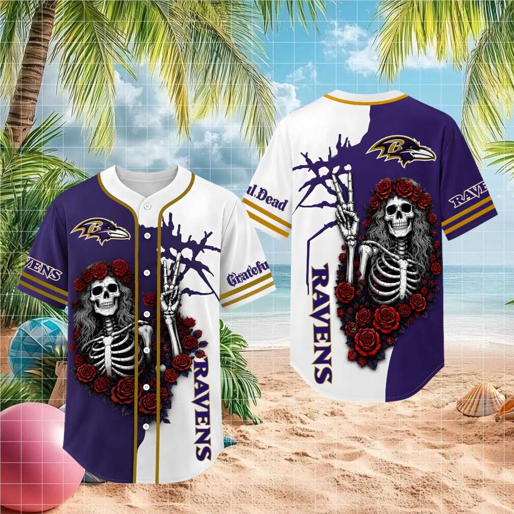 Baltimore Ravens Grateful Dead Skull Rose Baseball Shirt - Limotees LLC