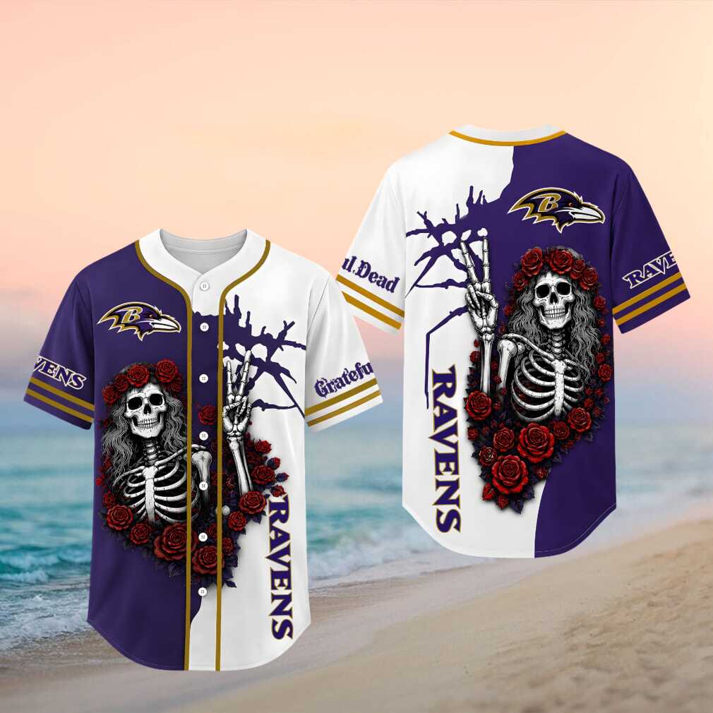 Baltimore Ravens Grateful Dead Skull Rose Baseball Shirt - Limotees LLC