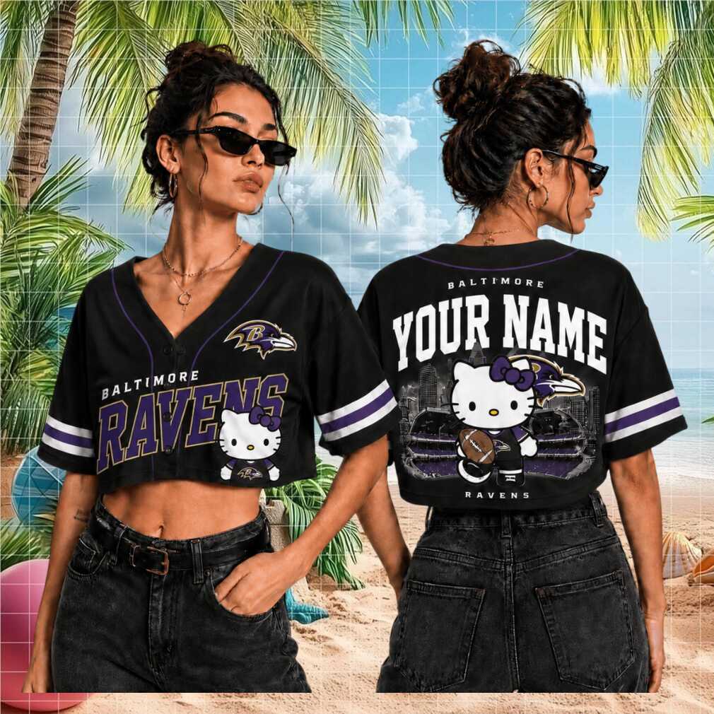 Baltimore Ravens Hello Kitty Custom Name Crop Baseball Shirt - Limotees LLC