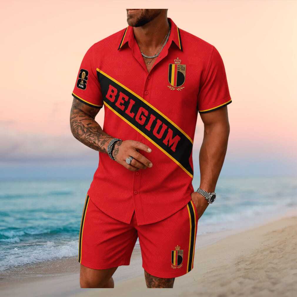 Belgium Soccer Team National Flag Badge Men Button Shirt - Limotees LLC