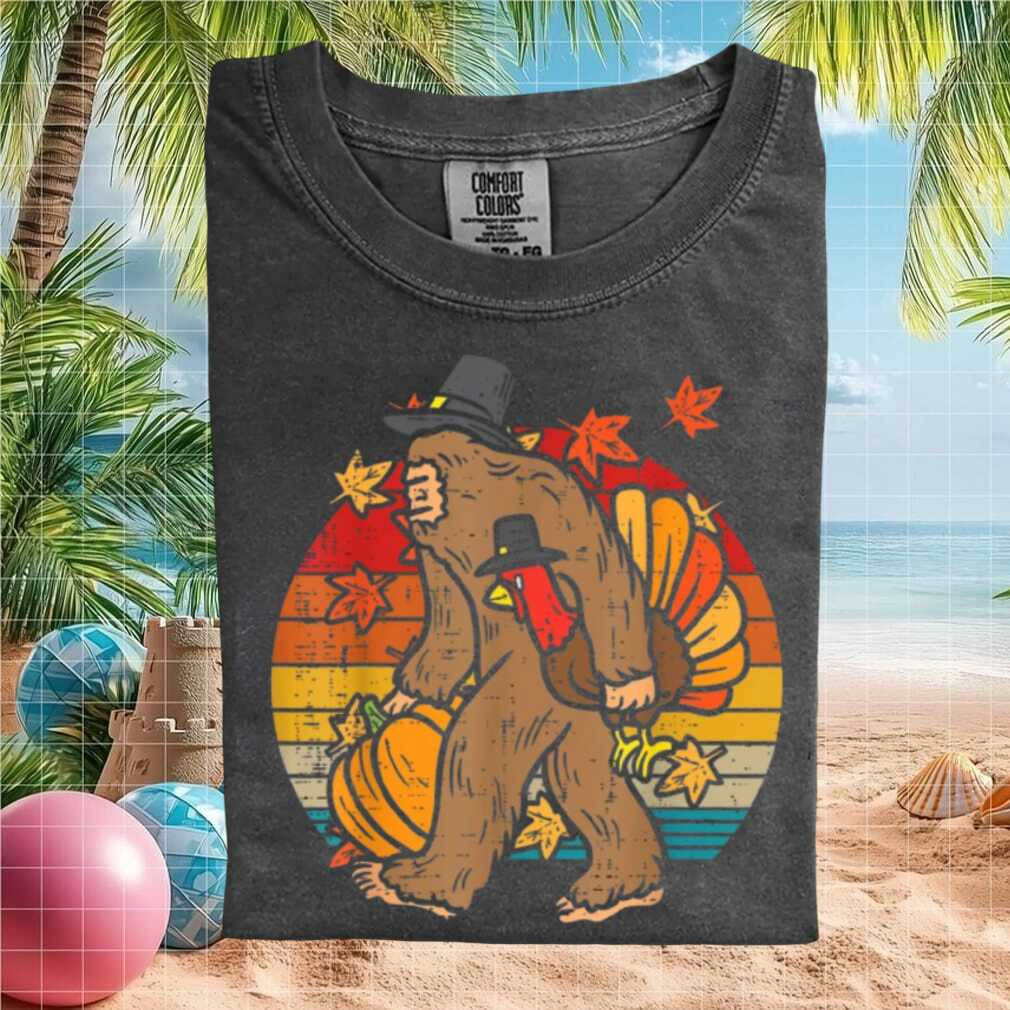 Bigfoot Holding Turkey Thanksgiving Retro Style T Shirt - Limotees LLC