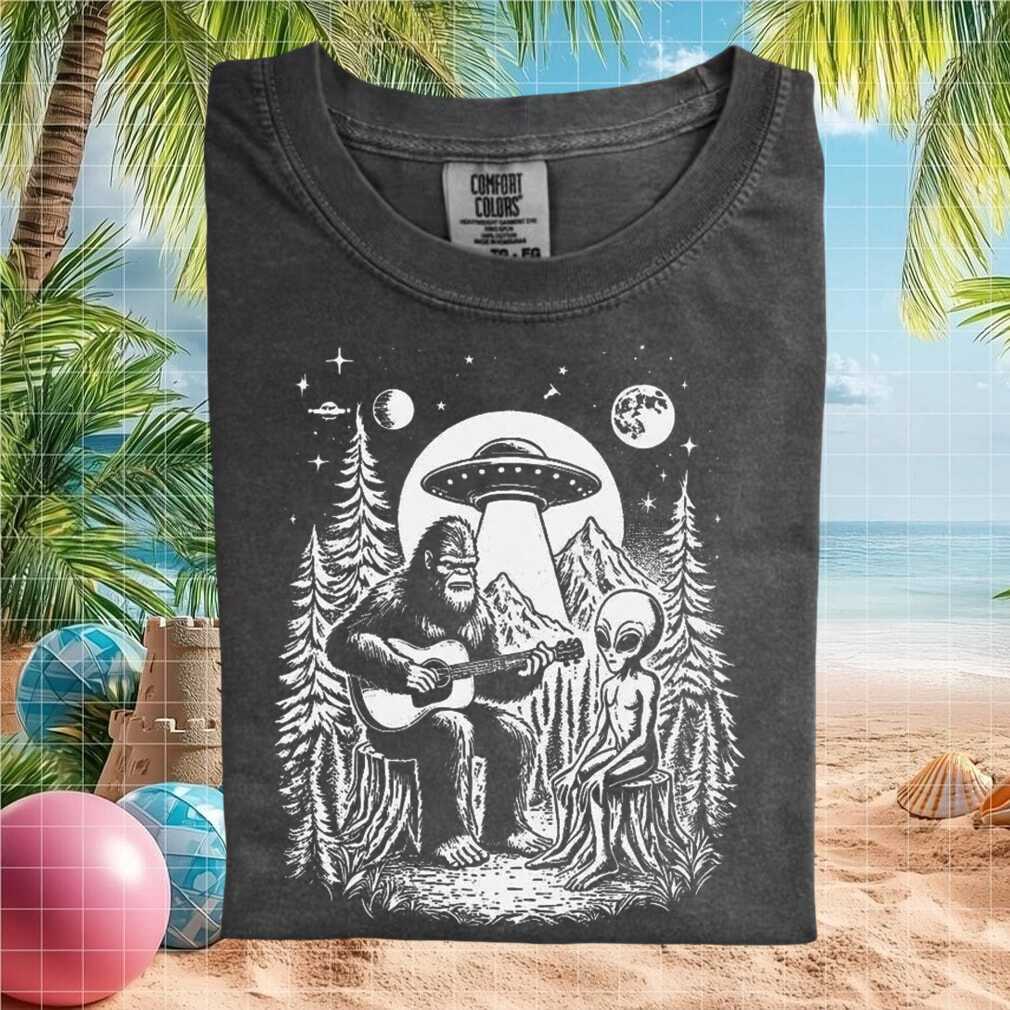 Bigfoot Playing Guitar With Alien UFO Night Forest T Shirt - Limotees LLC