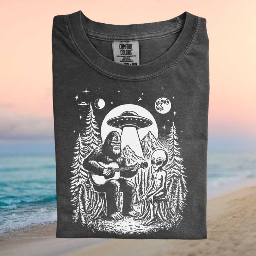 Bigfoot Playing Guitar With Alien UFO Night Forest T Shirt - Limotees LLC