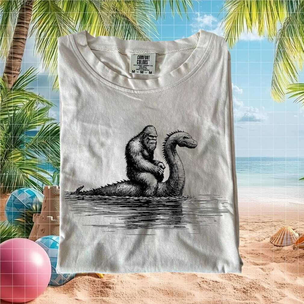 Bigfoot Riding Loch Ness Monster Cryptid Humor Graphic T Shirt - Limotees LLC
