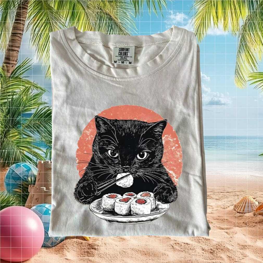 Black Cat Eating Sushi Japanese Style Graphic Aesthetic Comfort Colors T Shirt - Limotees LLC