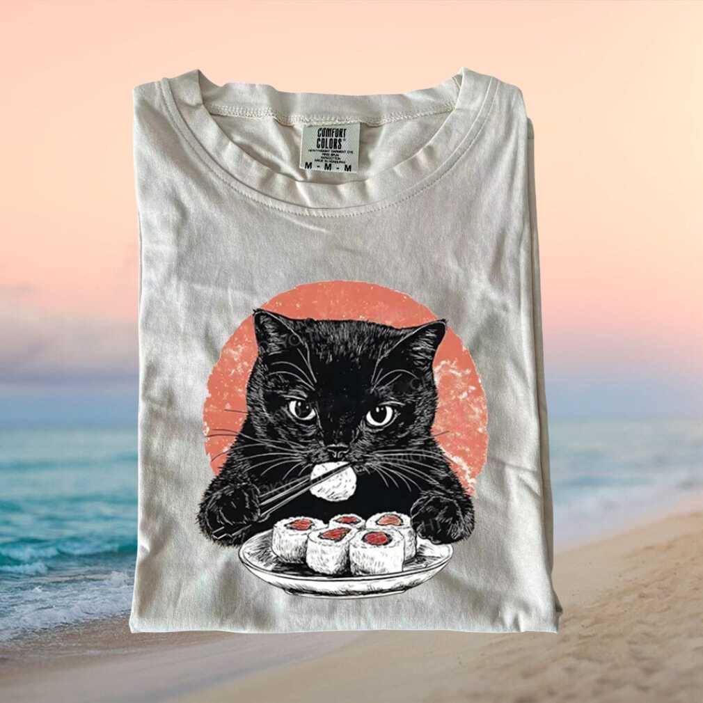 Black Cat Eating Sushi Japanese Style Graphic Aesthetic Comfort Colors T Shirt - Limotees LLC