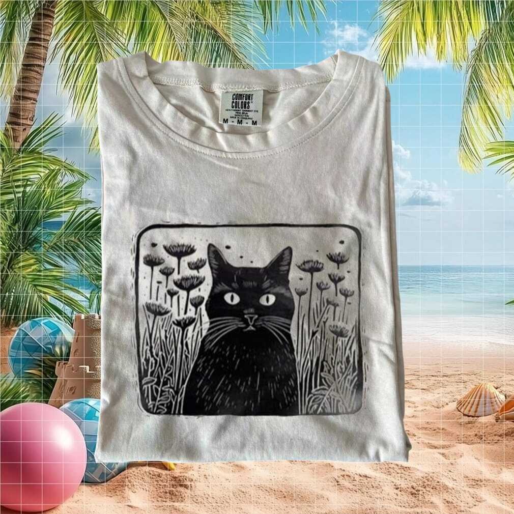 Black Cat Floral Linocut Print Folk Art Botanical Graphic T Shirt - Limotees LLC