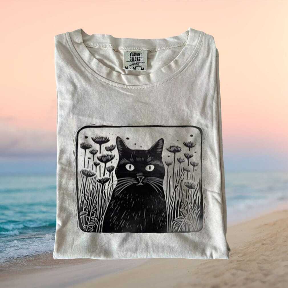 Black Cat Floral Linocut Print Folk Art Botanical Graphic T Shirt - Limotees LLC