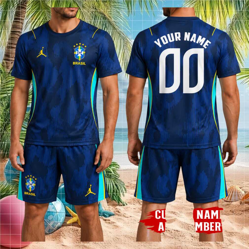 Brazil National Football Team Custom Name Number Blue Pattern Fan Soccer Shirt