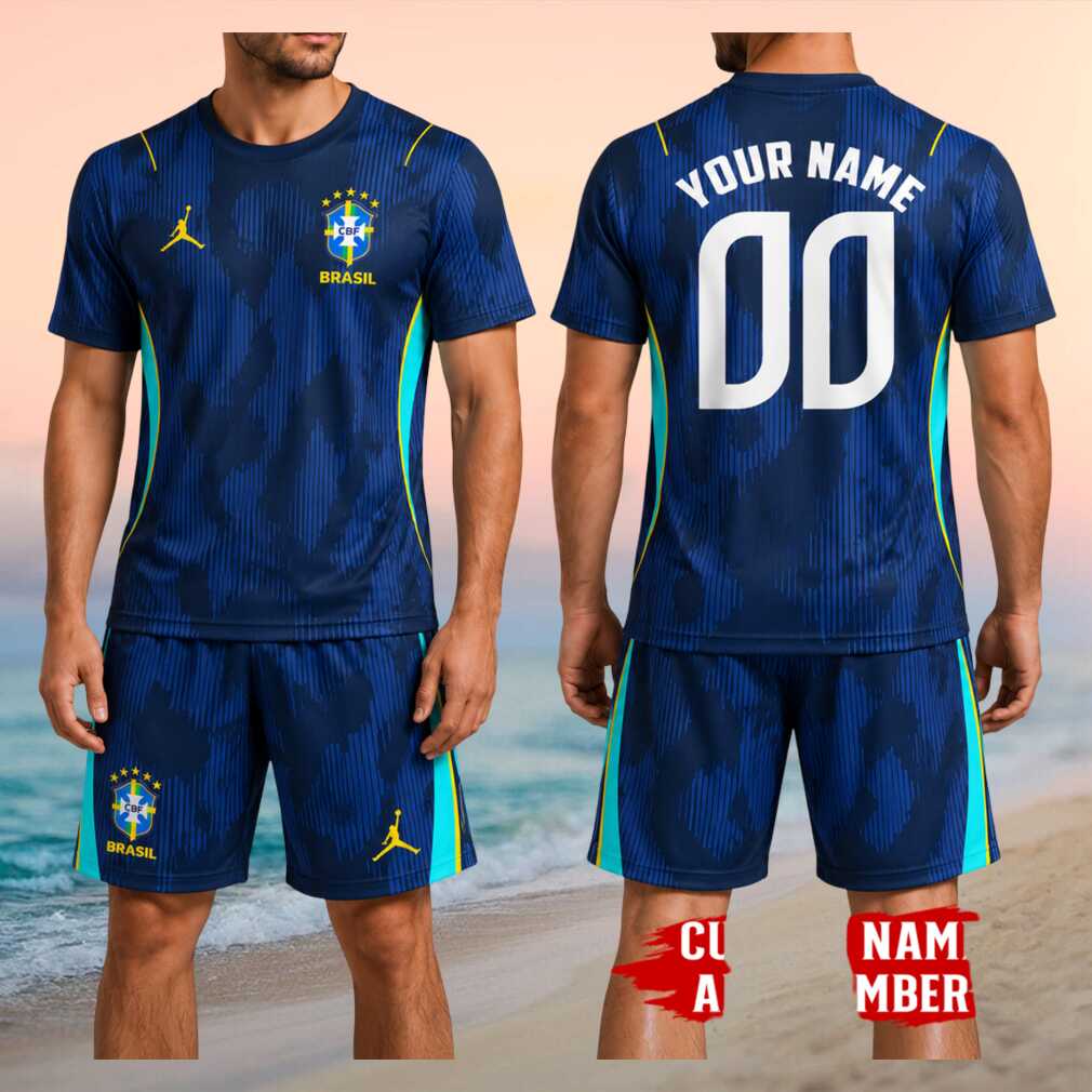 Brazil National Football Team Custom Name Number Blue Pattern Fan Soccer Shirt