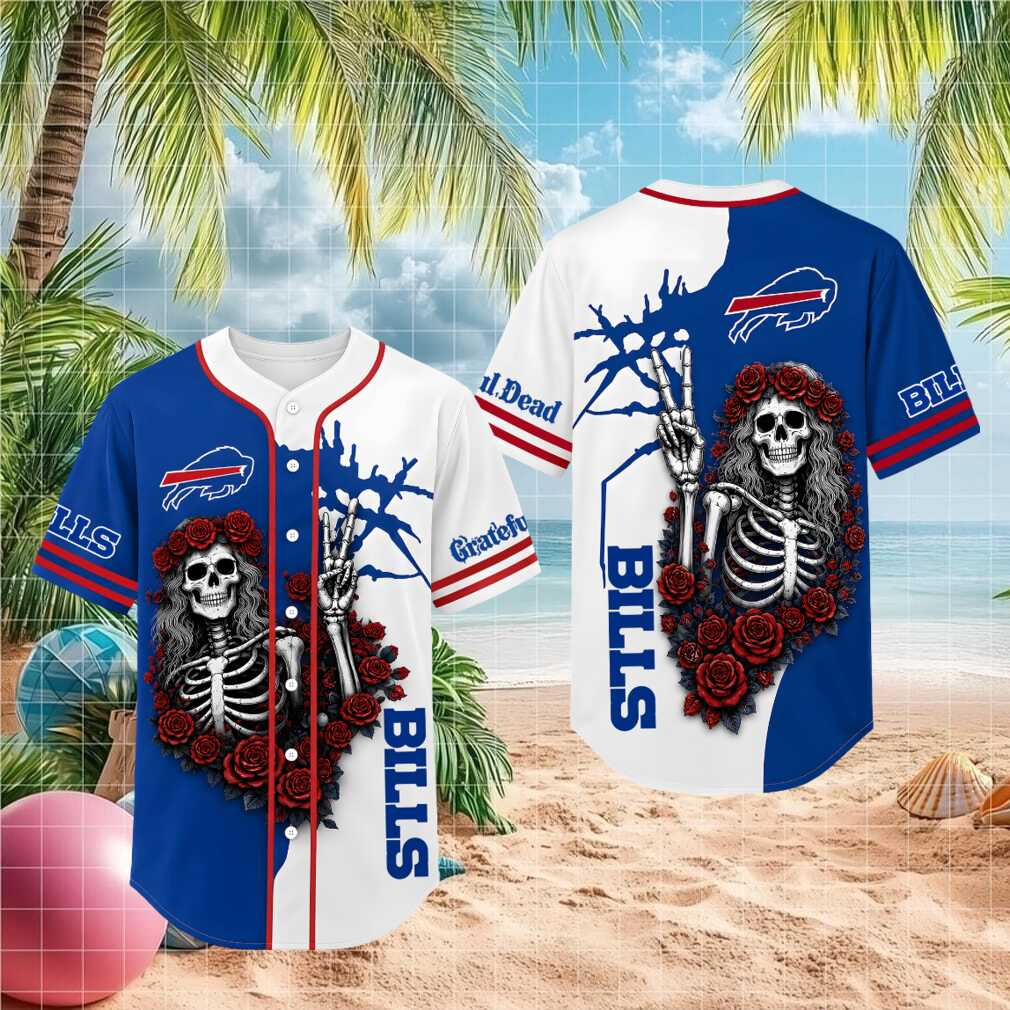 Buffalo Bills Grateful Dead Skull Rose Baseball Shirt