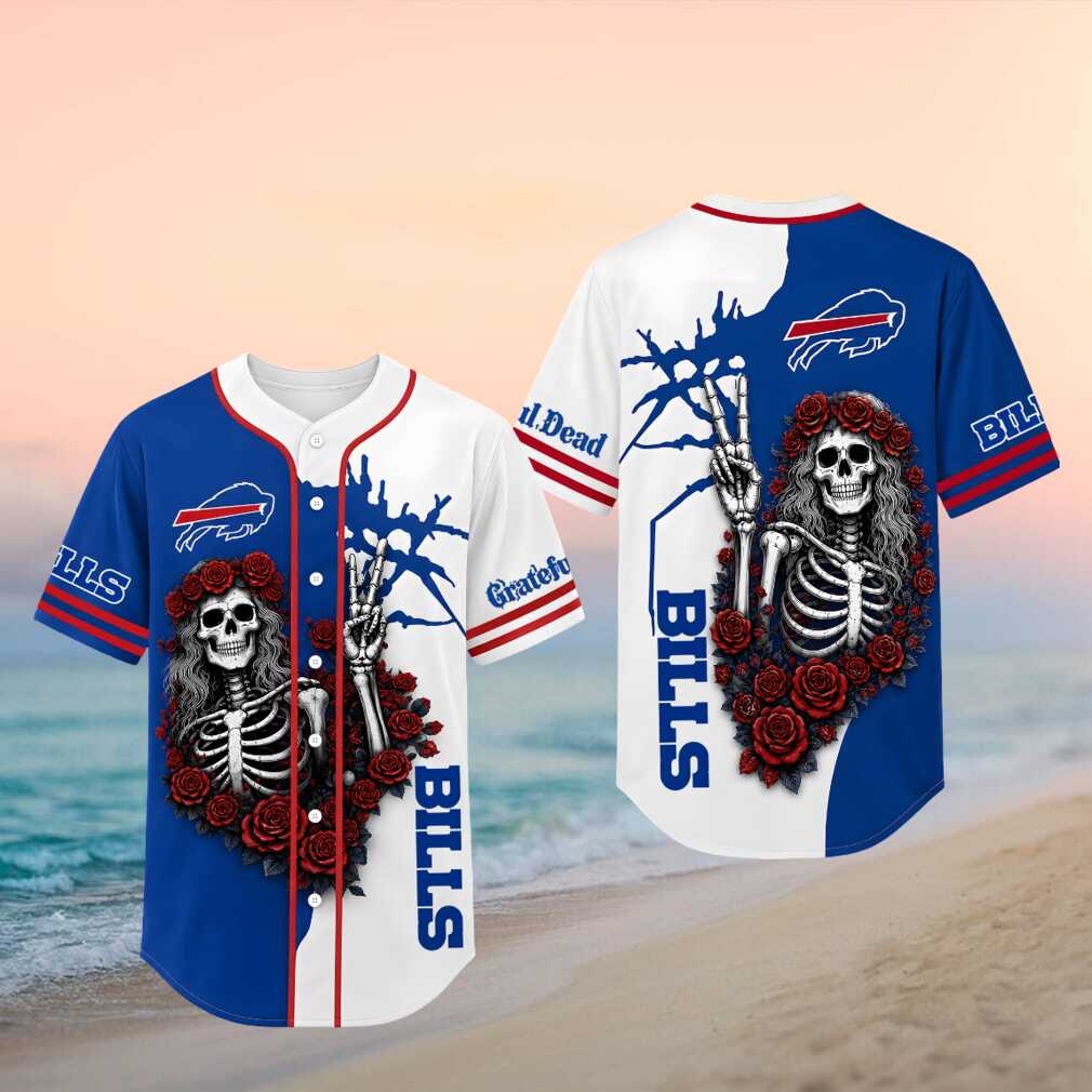 Buffalo Bills Grateful Dead Skull Rose Baseball Shirt