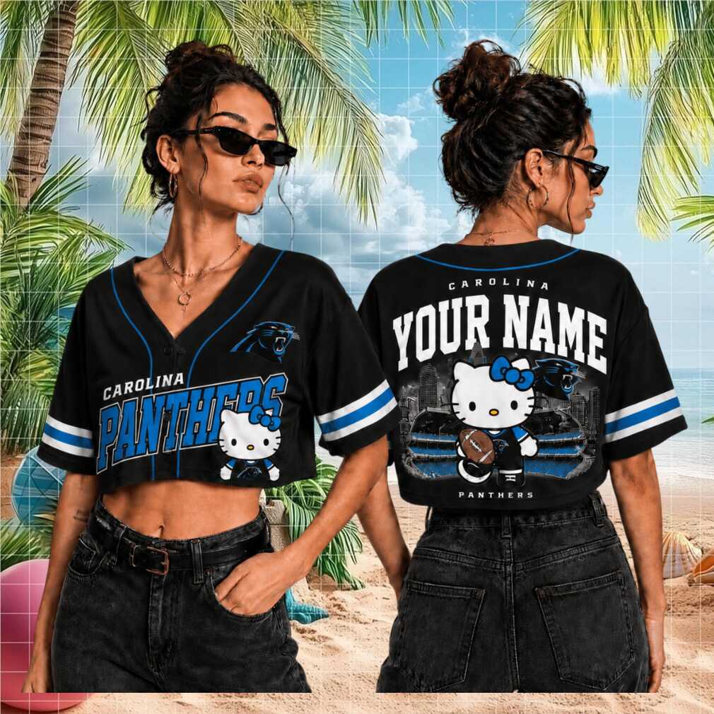 Carolina Panthers Hello Kitty Custom Name Crop Baseball Shirt - Limotees LLC