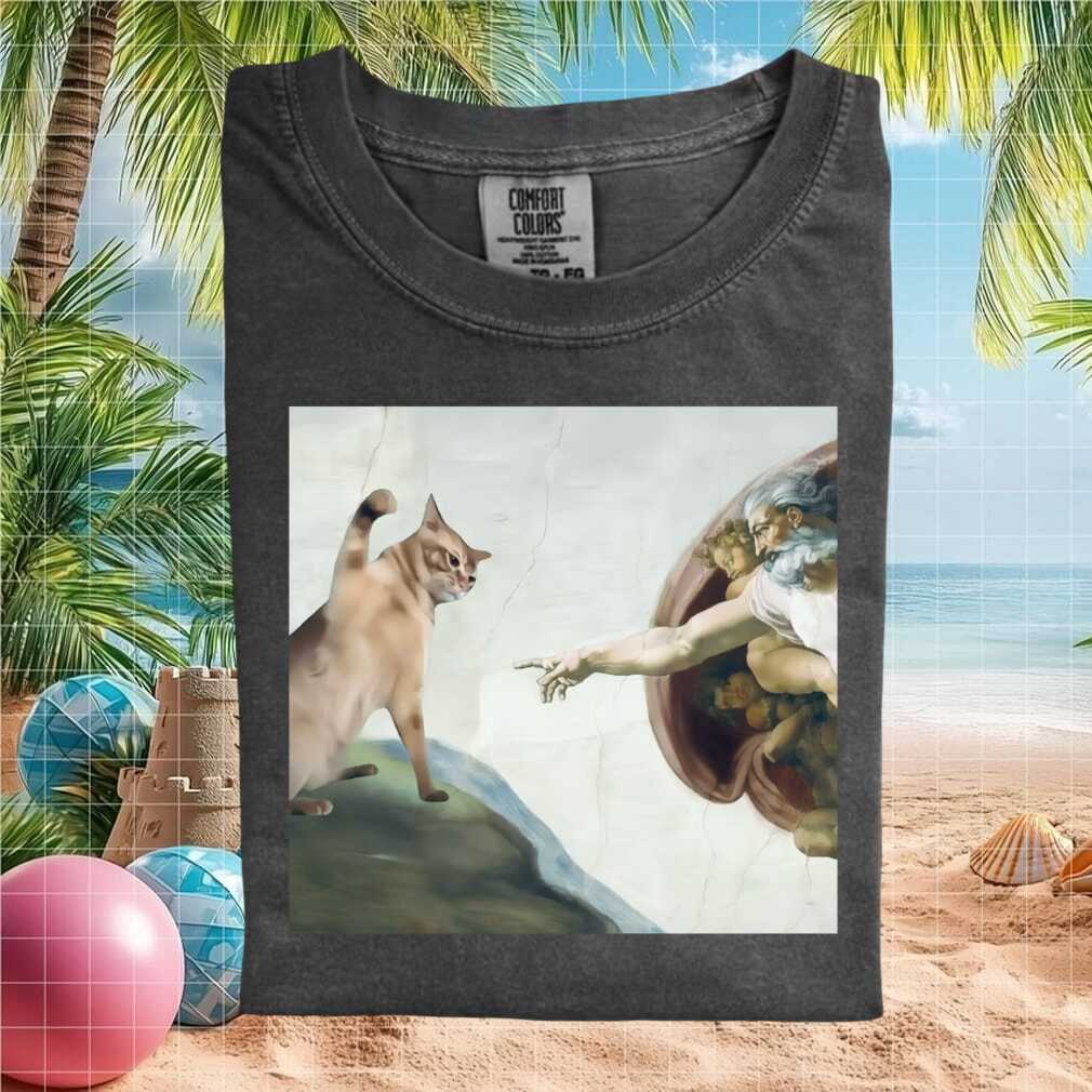 Cat Creation of Adam Funny Renaissance Art Parody Graphic T Shirt - Limotees LLC
