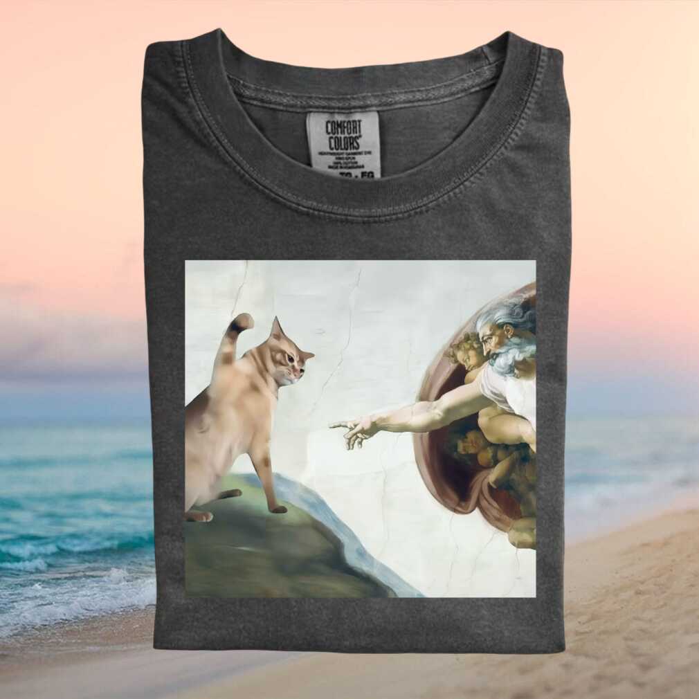 Cat Creation of Adam Funny Renaissance Art Parody Graphic T Shirt - Limotees LLC
