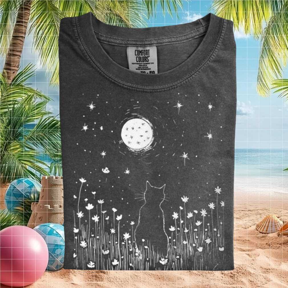 Cat Gazing At Full Moon Meadow Floral Silhouette T Shirt - Limotees LLC
