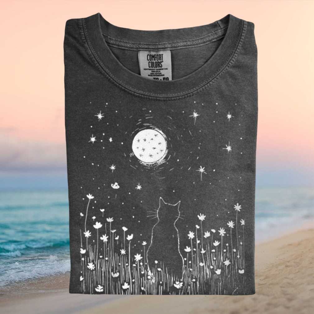 Cat Gazing At Full Moon Meadow Floral Silhouette T Shirt - Limotees LLC
