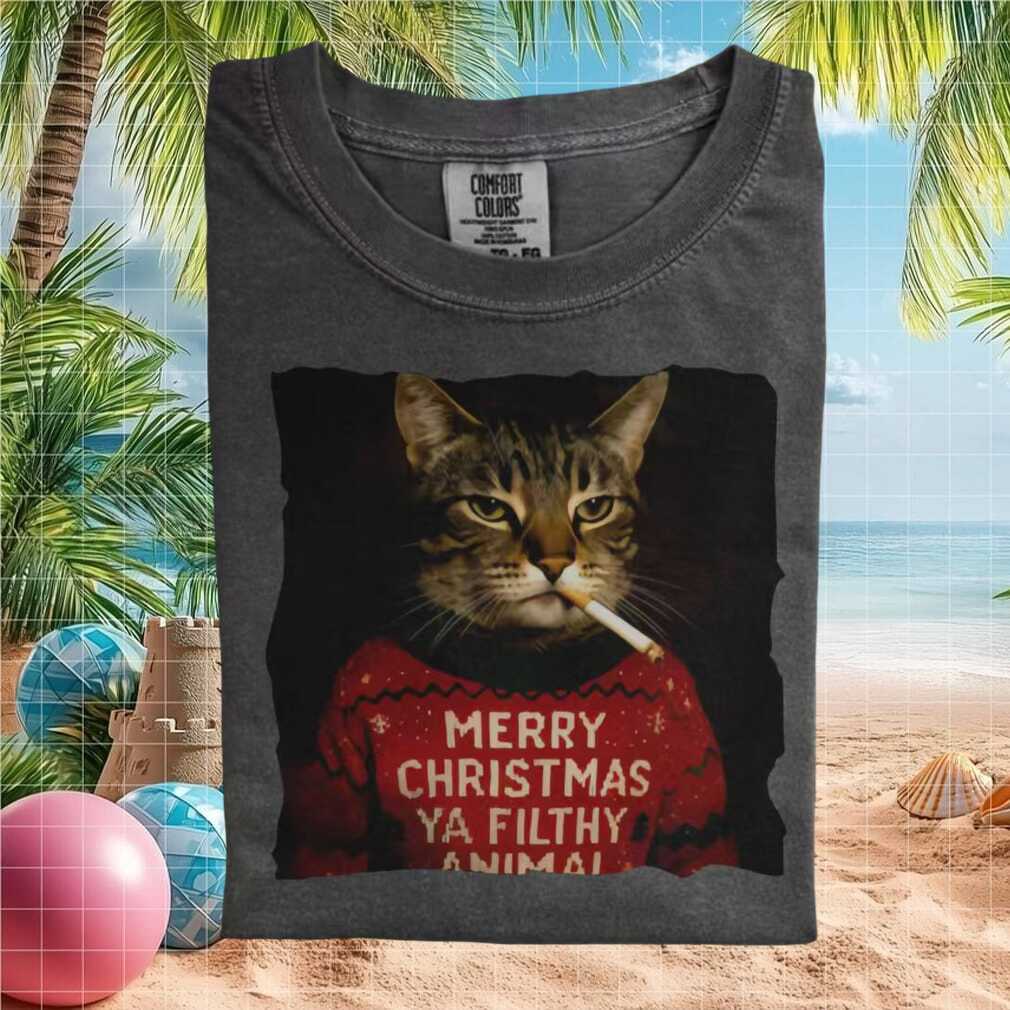 Cat Merry Christmas Ya Filthy Animal Holiday Ugly Sweater Style Graphic T Shirt - Limotees LLC