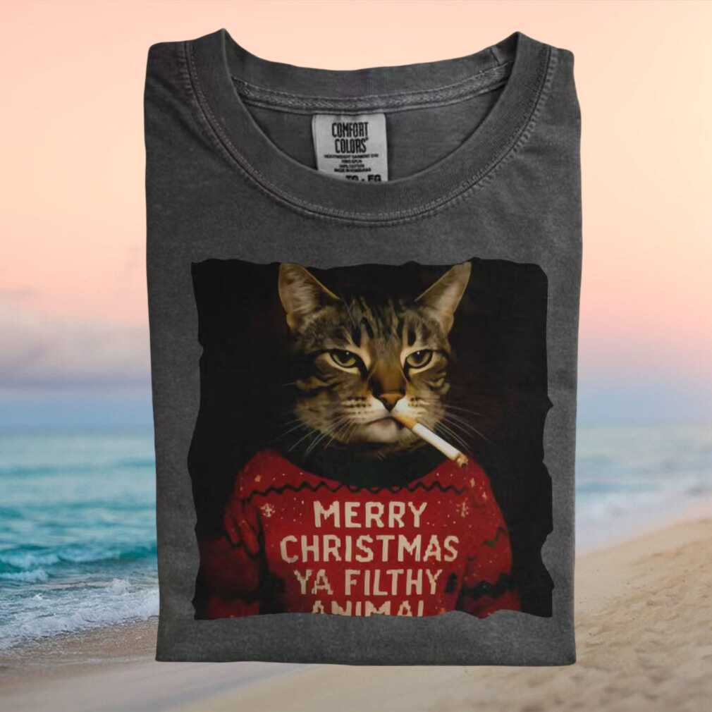Cat Merry Christmas Ya Filthy Animal Holiday Ugly Sweater Style Graphic T Shirt - Limotees LLC