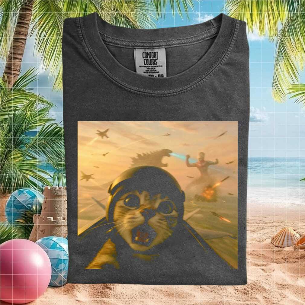 Cat Pilot Fighter Jet Godzilla Battle Funny Meme Graphic T Shirt - Limotees LLC