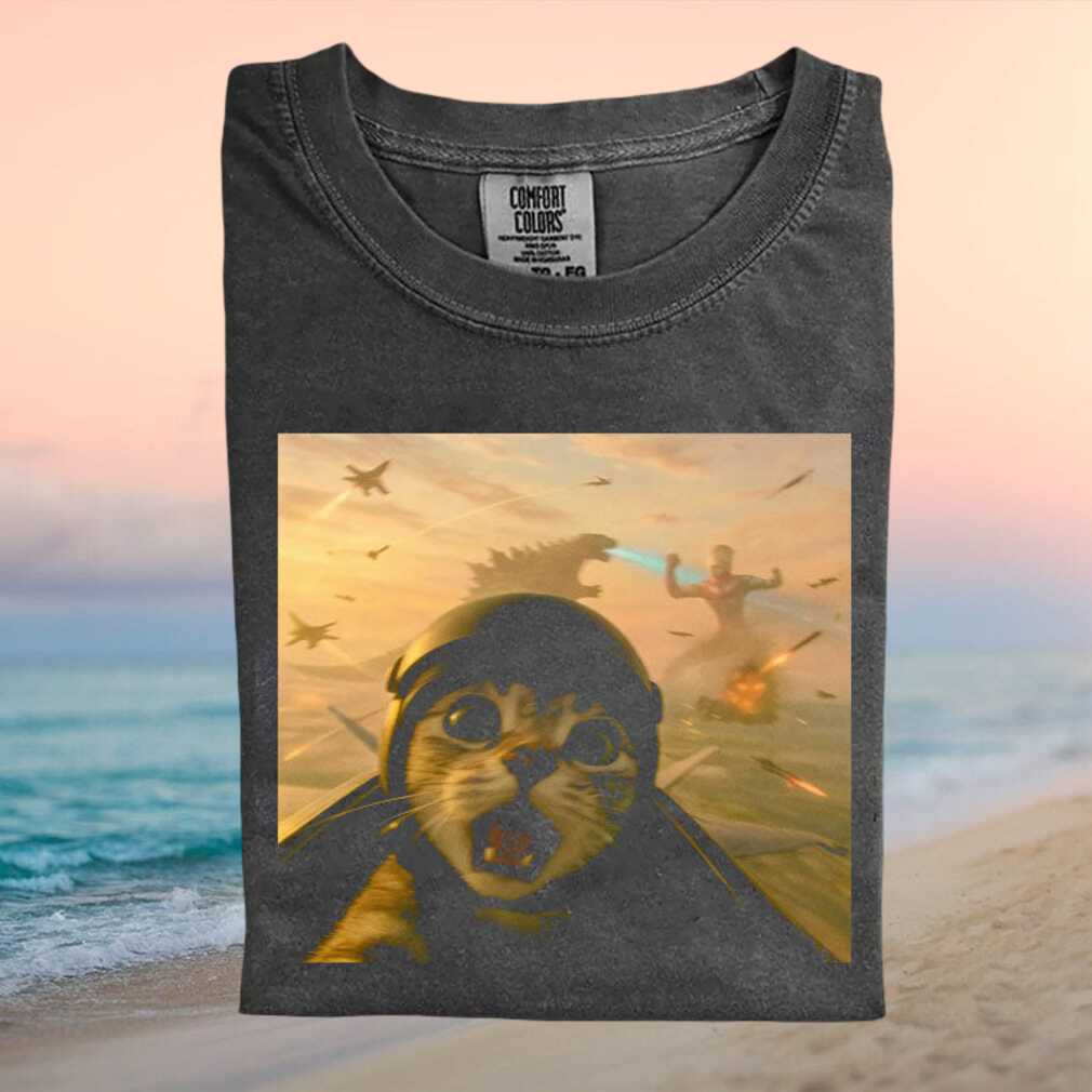 Cat Pilot Fighter Jet Godzilla Battle Funny Meme Graphic T Shirt - Limotees LLC