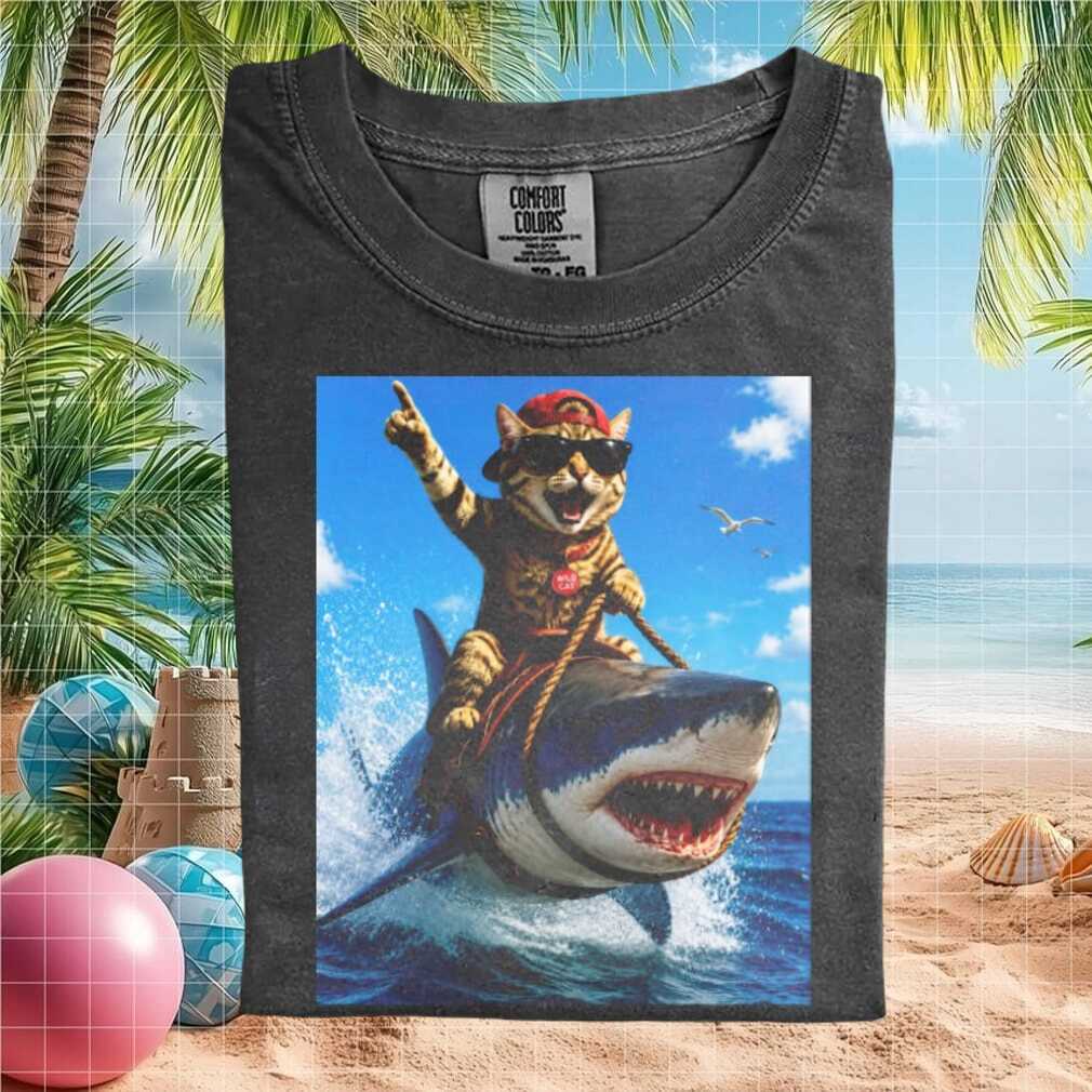 Cat Riding Shark Funny Wild Animal Surfing Ocean T Shirt