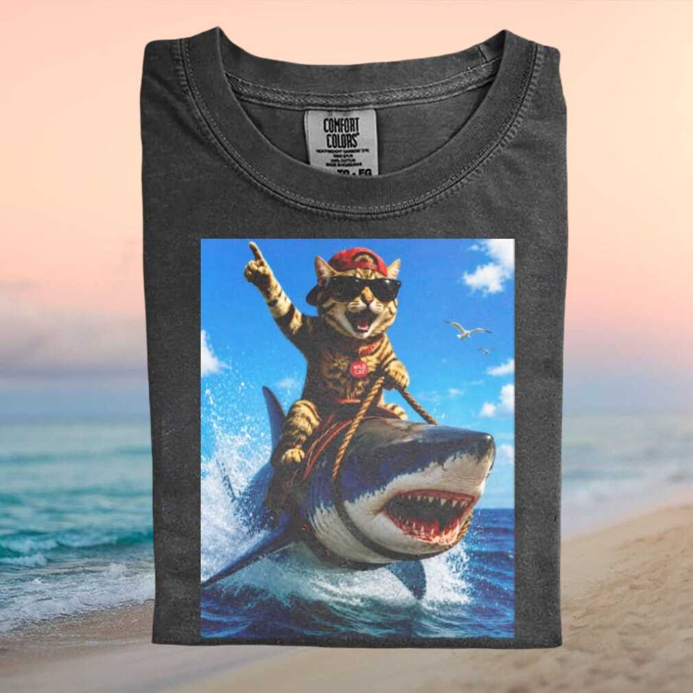 Cat Riding Shark Funny Wild Animal Surfing Ocean T Shirt