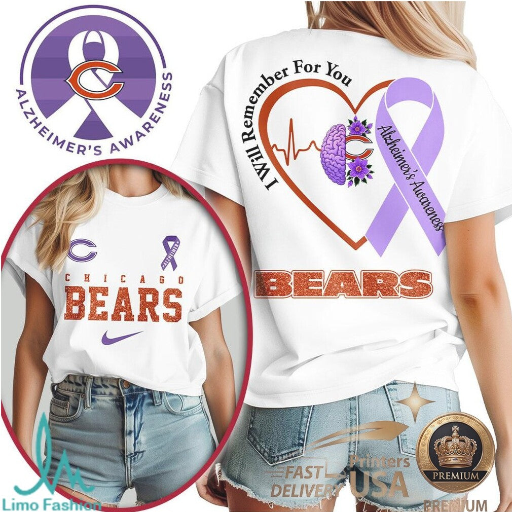 Chicago Bears Alzheimer Awareness Heartbeat I Will Remember For You T Shirt - Limotees LLC