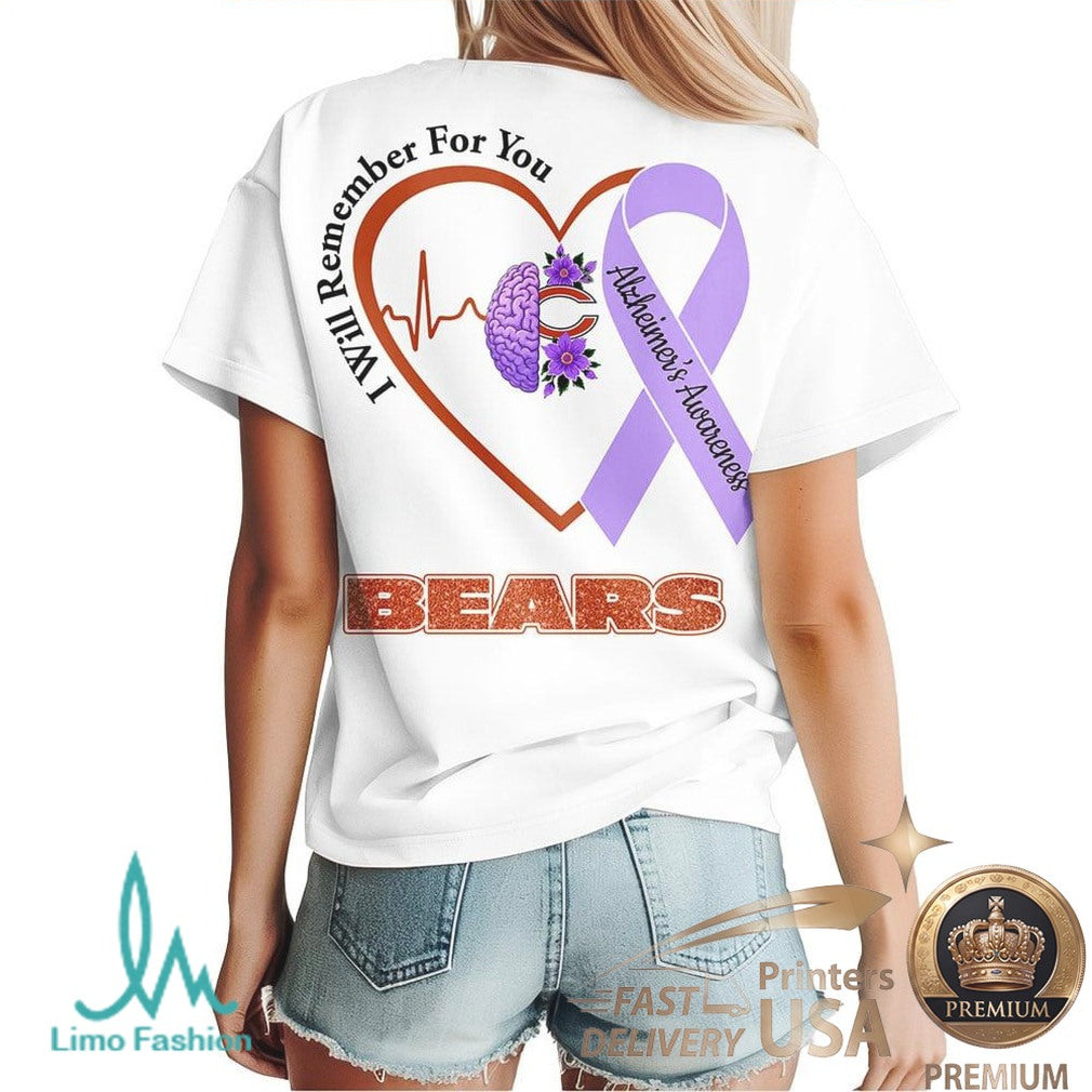 Chicago Bears Alzheimer Awareness Heartbeat I Will Remember For You T Shirt - Limotees LLC