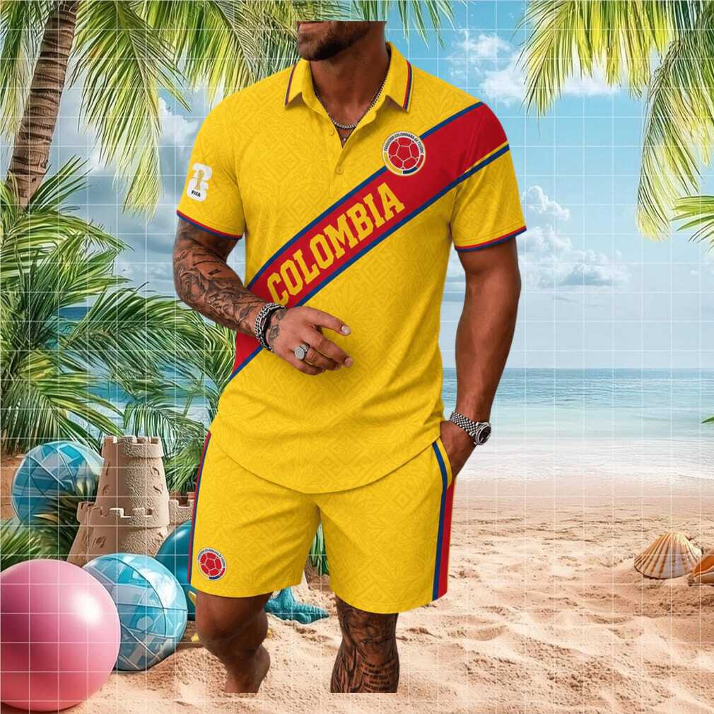 Colombia Soccer Team Yellow National Flag Men Button Shirt - Limotees LLC