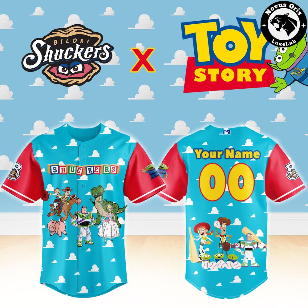Custom Biloxi Shuckers Toy Story Theme Baseball Jersey