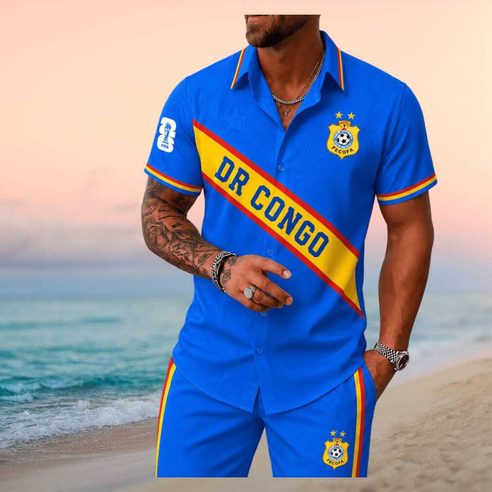 DR Congo Football Crest Royal Blue National Men Button Shirt - Limotees LLC