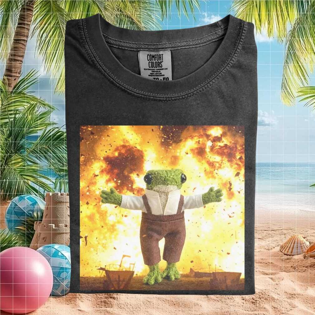 Disaster Girl Meme Style Frog Plushie Explosion T Shirt - Limotees LLC
