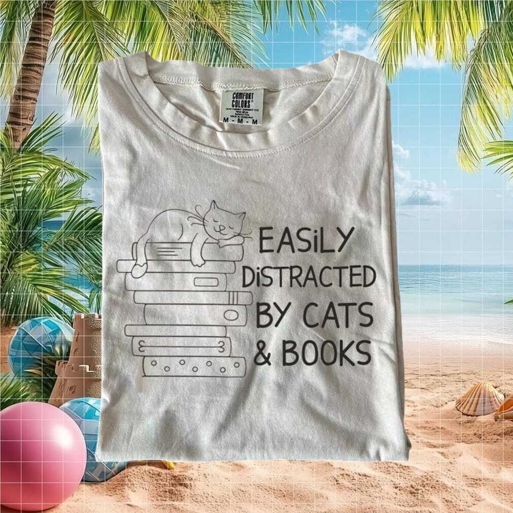 Easily Distracted By Cats And Books Cute Reading Apparel T Shirt - Limotees LLC