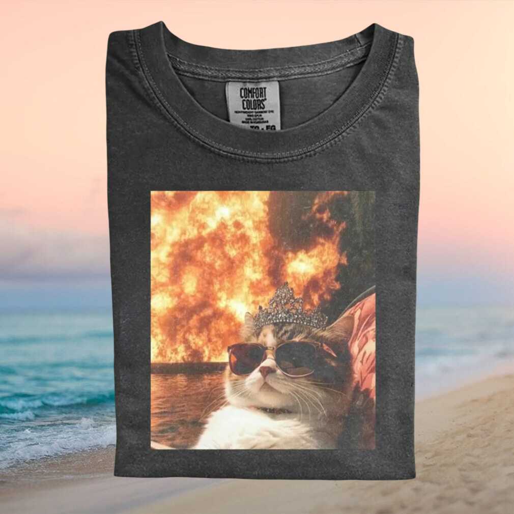 Fire Cat Wearing Tiara Sunglasses Funny Meme Graphic T Shirt - Limotees LLC