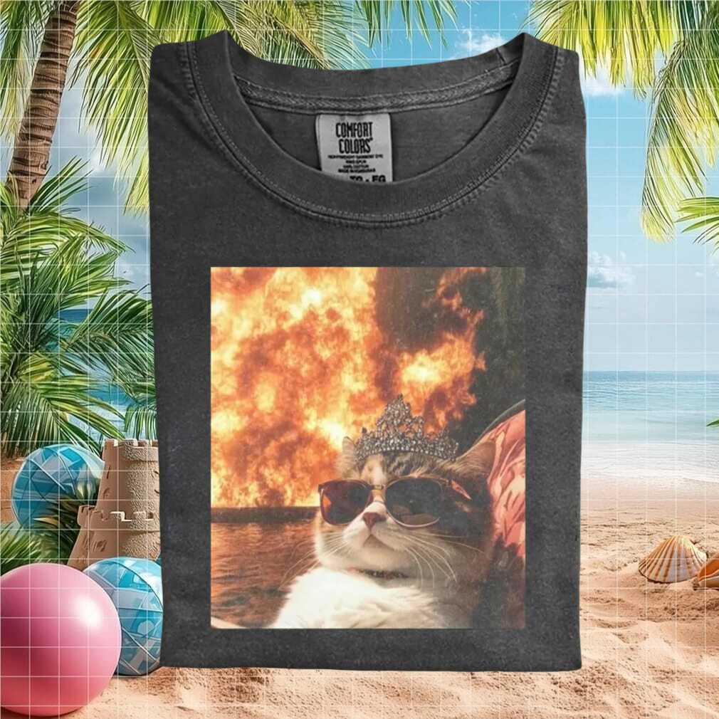 Fire Cat Wearing Tiara Sunglasses Funny Meme Graphic T Shirt - Limotees LLC