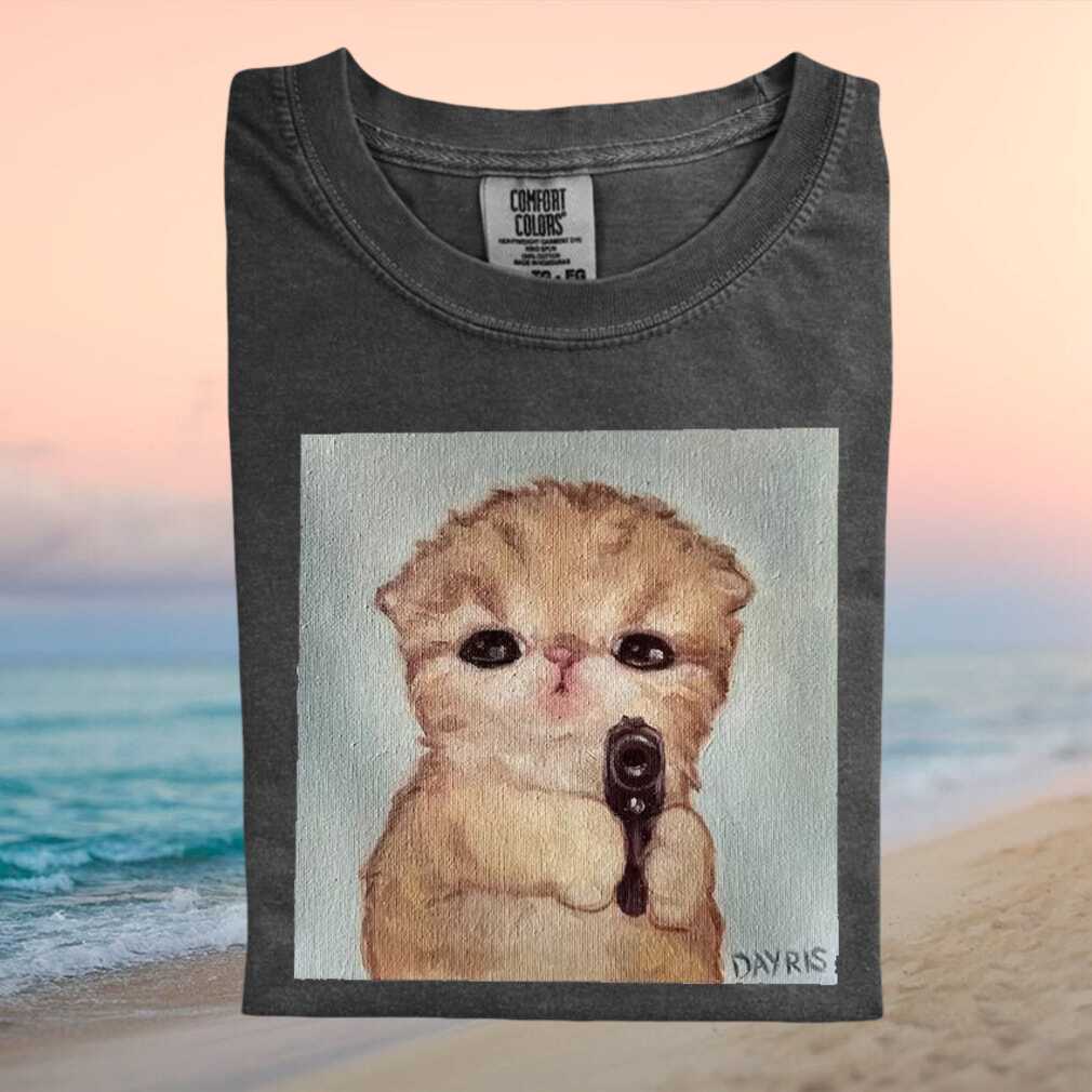Funny Angry Kitten Holding Gun Meme Oil Painting Style T Shirt - Limotees LLC