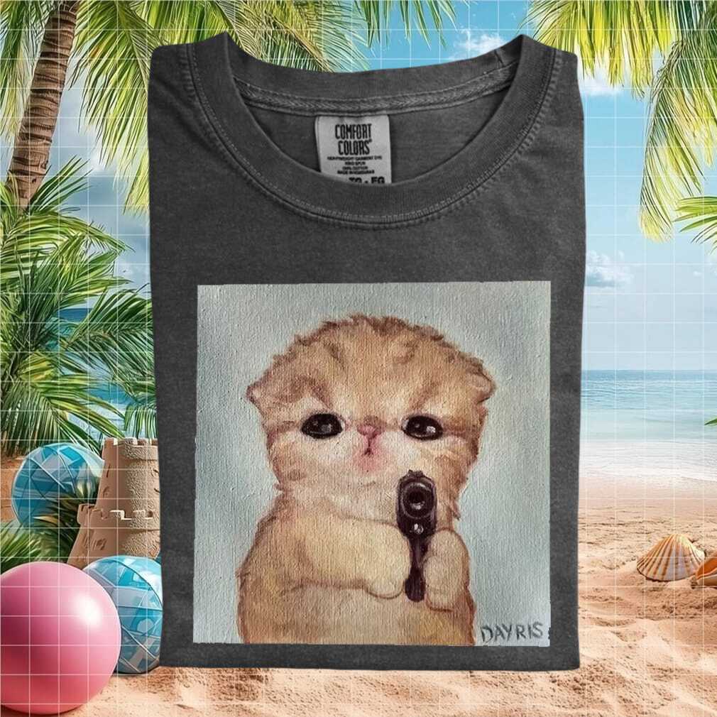 Funny Angry Kitten Holding Gun Meme Oil Painting Style T Shirt - Limotees LLC