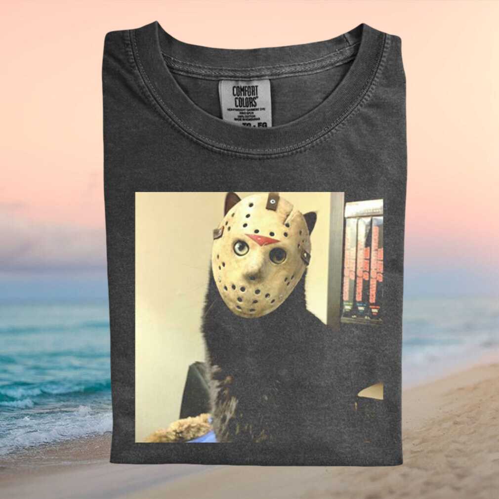 Funny Black Cat Wearing Jason Hockey Mask Graphic T Shirt - Limotees LLC