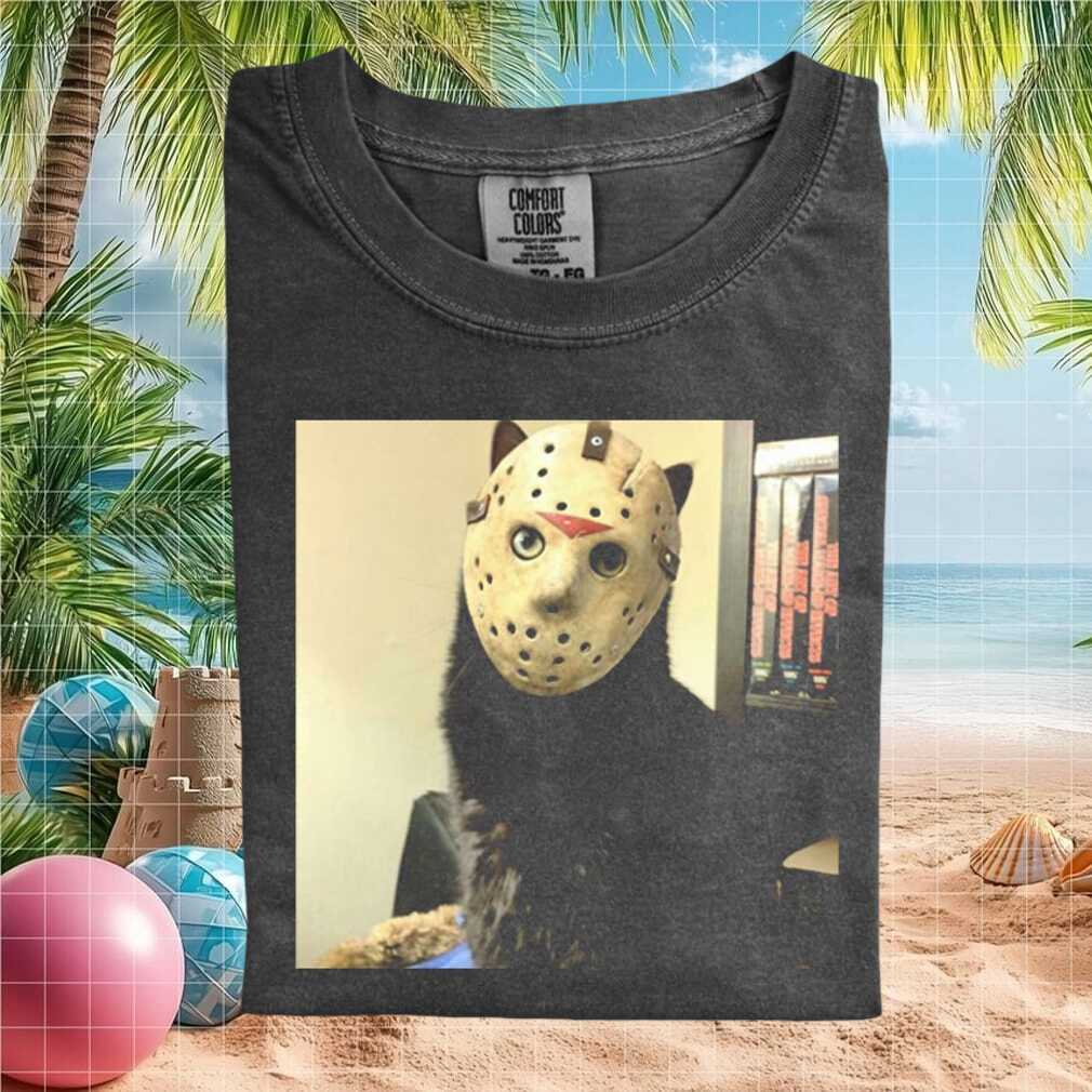 Funny Black Cat Wearing Jason Hockey Mask Graphic T Shirt - Limotees LLC