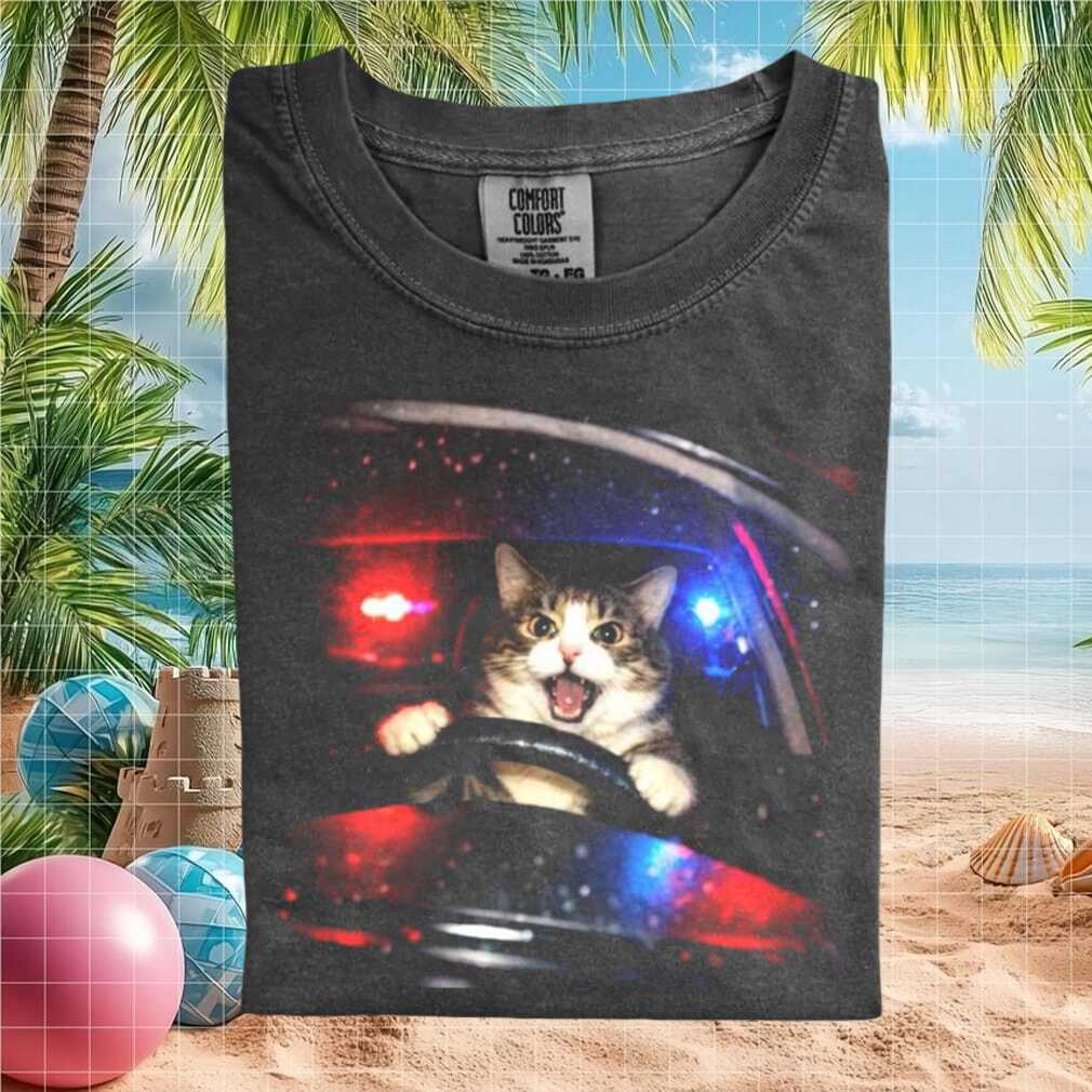 Funny Cat Driving Police Car Aesthetic Vintage Style Graphic T Shirt - Limotees LLC