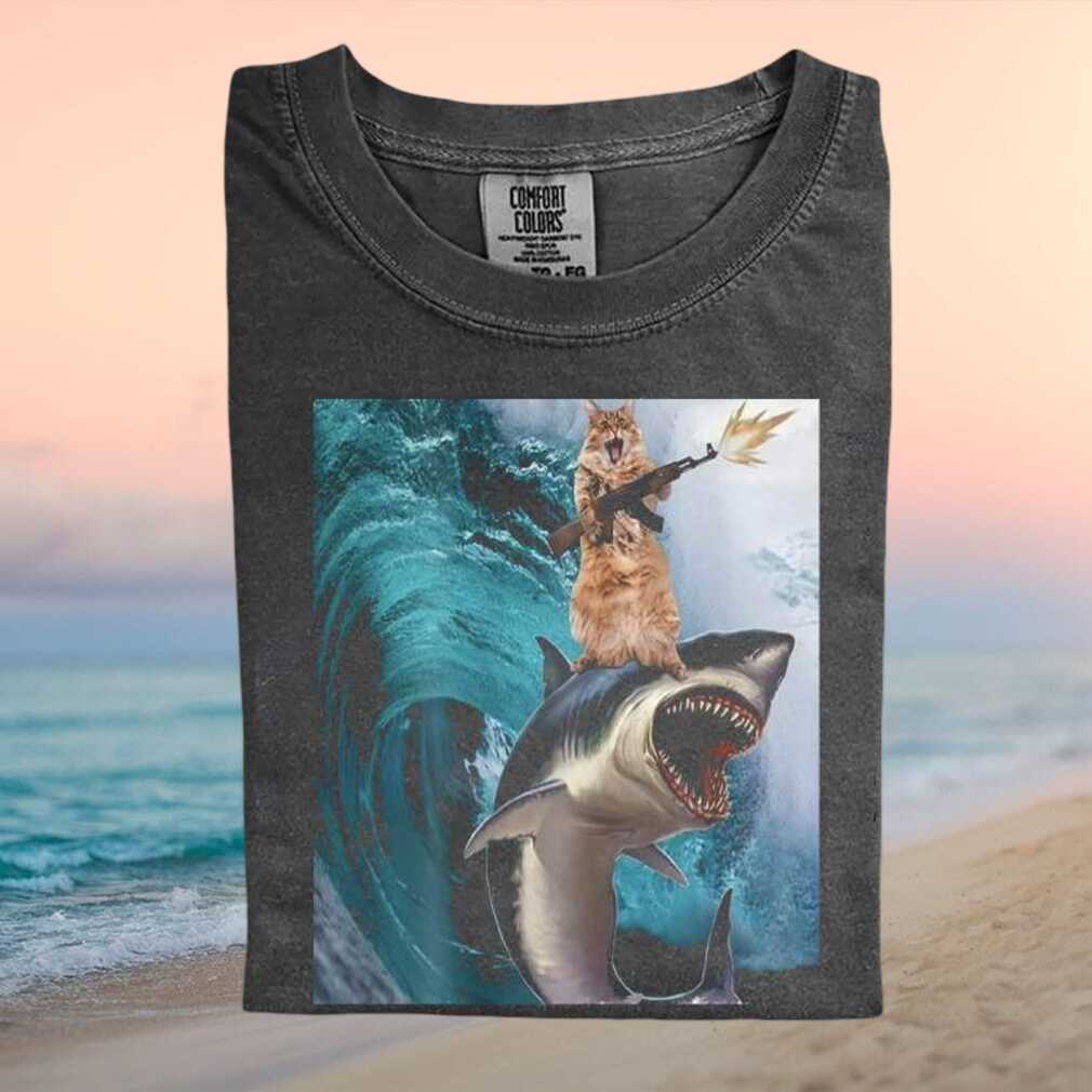 Funny Cat Riding Great White Shark With Machine Gun Graphic T Shirt - Limotees LLC